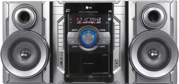 Silver mini hi-fi with a CD changer between two speakers